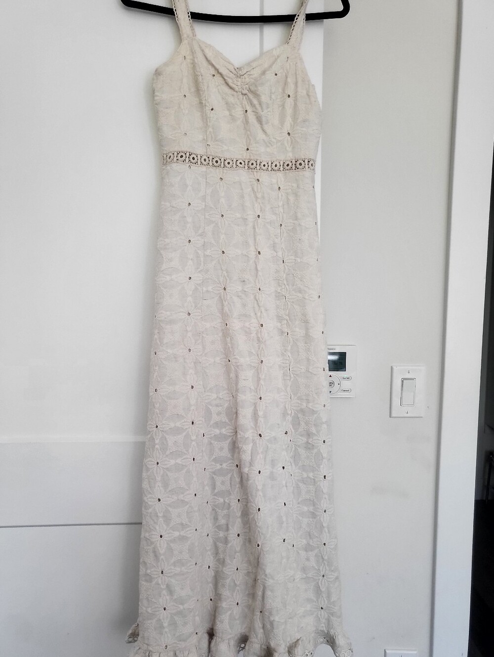 Cream Eyelet Maxi Dress with Spaghetti Straps and Waist Crochet
